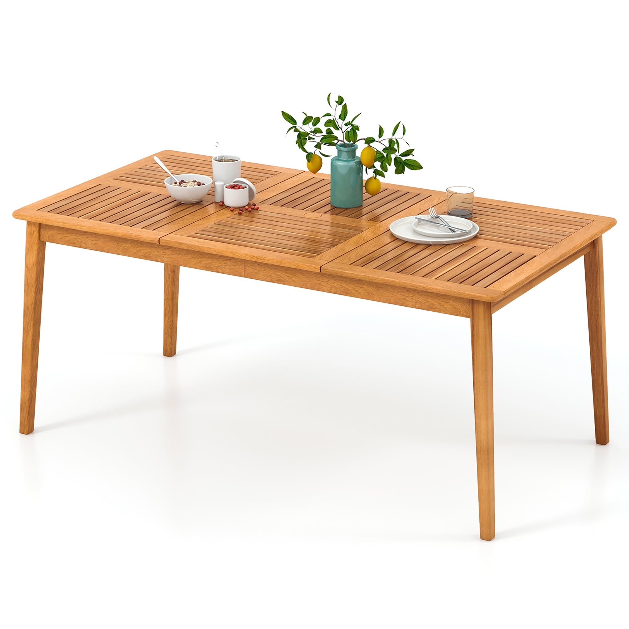 Gymax 6-Person Outdoor Acacia Wood Dining Table w/ 1.96'' Umbrella