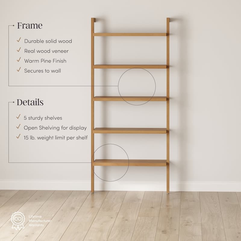 Beacon Boho Rustic 5 Tier Bookshelf, Wall Mounted Solid Wood Bookcase