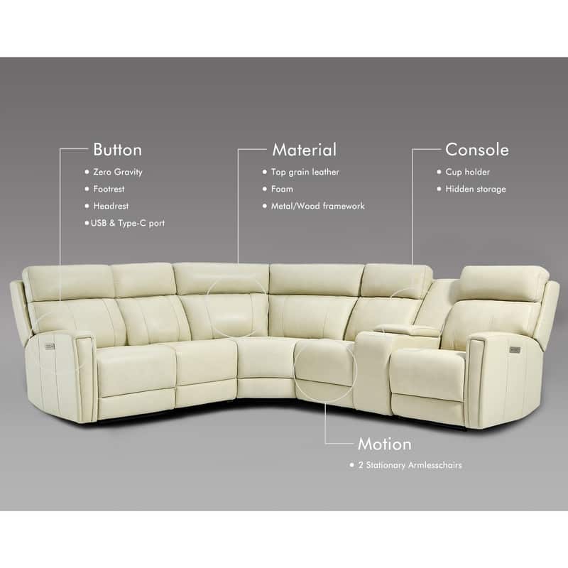 104" W Genuine Leather Power Recliner Sectional Sofa with Zero Gravity, Ajustable Headrest, USB Ports & Console