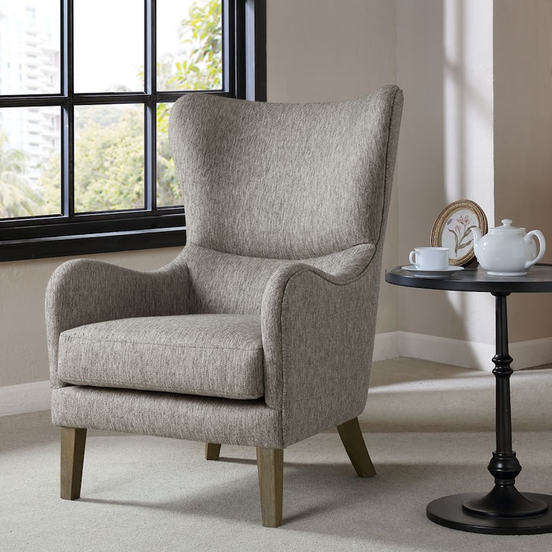 Roomfitters Wingback Accent Chair with Swoop Arms, Upholstered Lounge Chair with Solid Wood Legs for Living Room, Grey