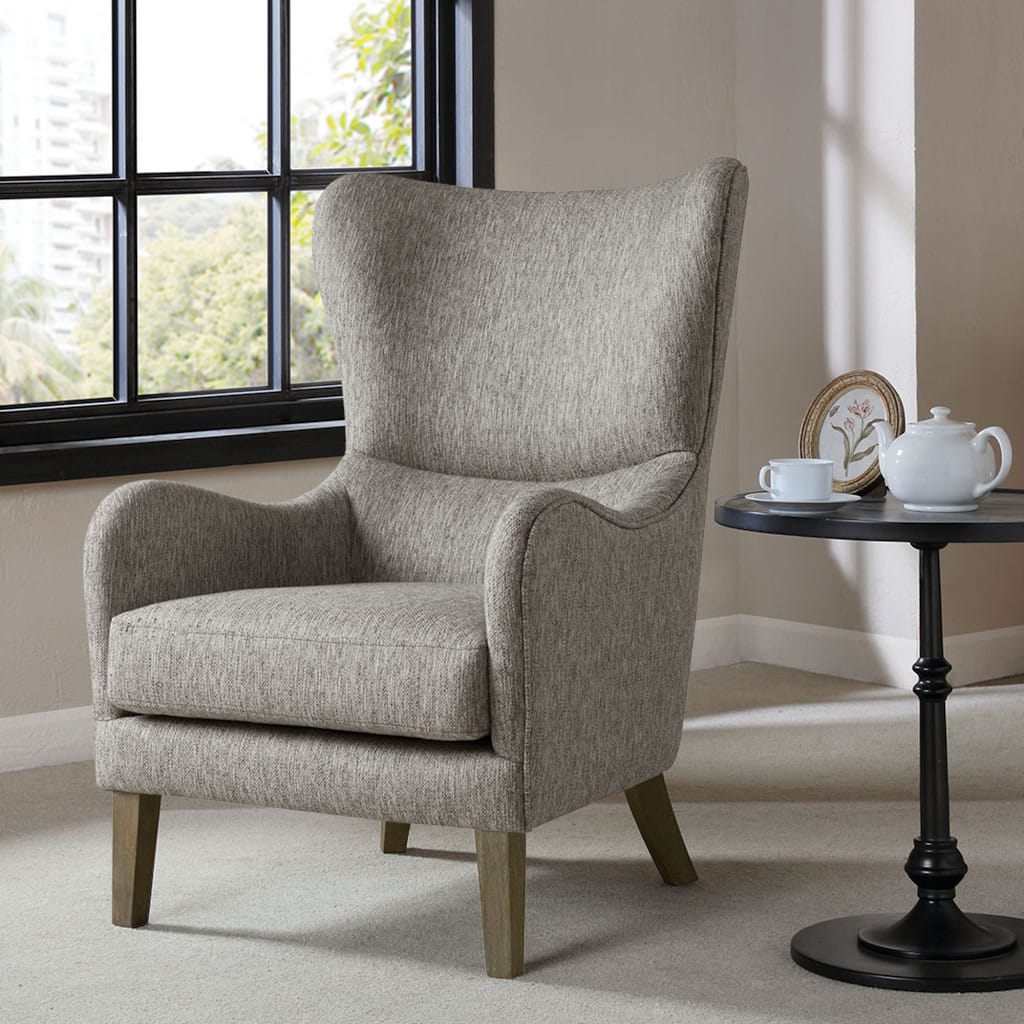 Roomfitters Wingback Accent Chair with Swoop Arms, Upholstered Lounge Chair with Solid Wood Legs for Living Room, Grey