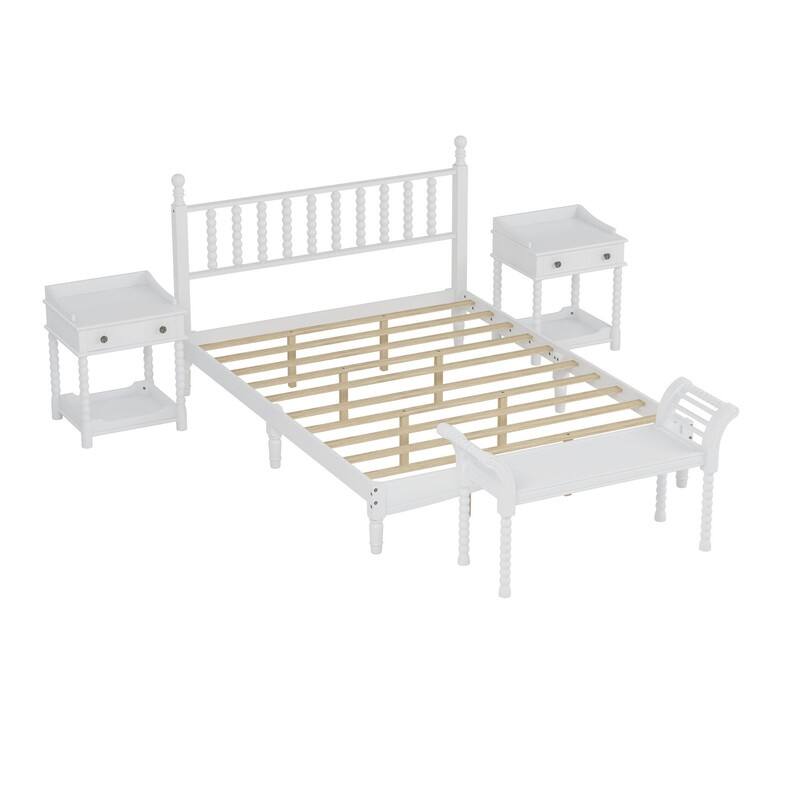 2/3/4-Pc Bedroom Sets Twin/Queen White Platform Bed w/LED/Nightstands/Ottoman/Headboard - Sherpa/High Gloss/Retro/Wood/Acrylic