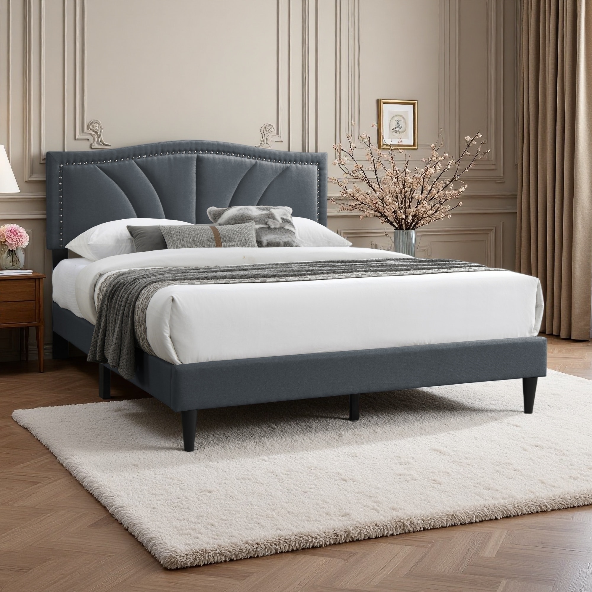 Full Size Burlap Fabric Upholstered Platform Bed with Nailhead Trim Headboard and Modern Vintage Style