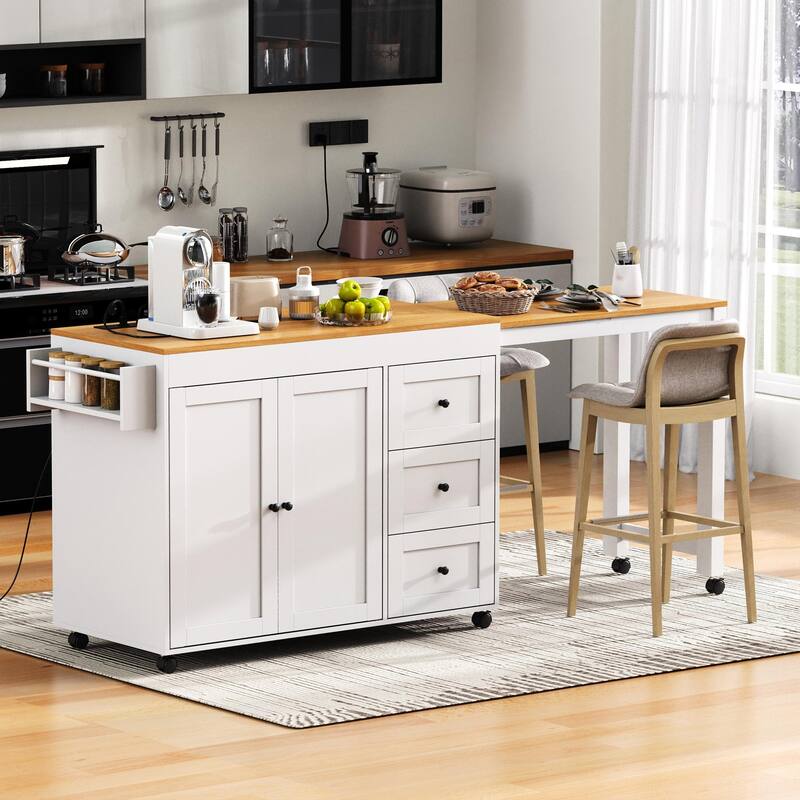 74.8" Kitchen Island with Extendable Dining Table, Kitchen Storage Cart with 3 Drawers, Power Outlet - White