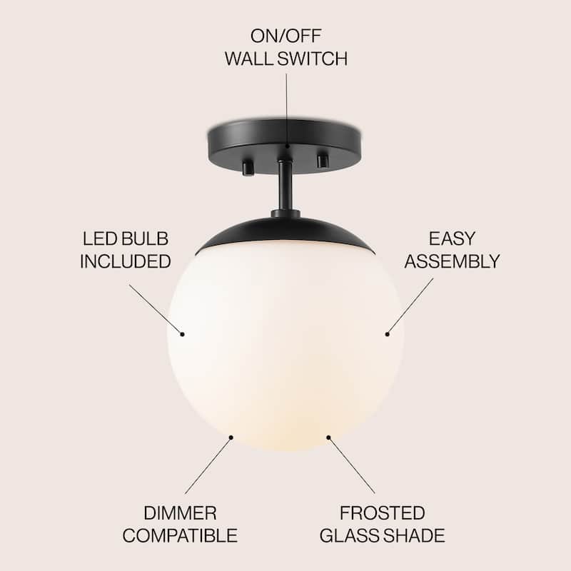 Galax Bistro 7.75" 1-Light Bohemian Farmhouse Iron/Frosted Glass LED Semi Flush Mount, Brass Gold/White by JONATHAN Y