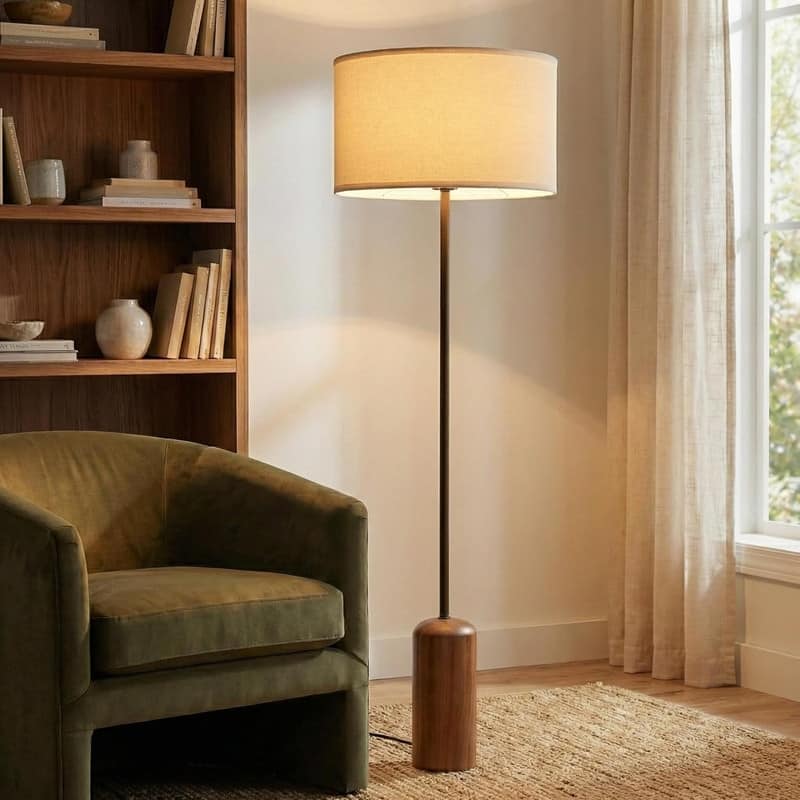 Brightech Oren LED Walnut Brown Wood Midcentury Super Bright Floor Lamp with Cream Cotton Drum Shade