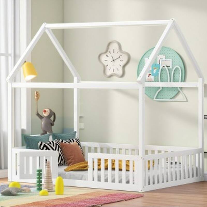 Full Size Kids House Bed Frame with Roof, Openable Door & Guardrail, Distressed White Wooden Playhouse Style Platform Bed - White