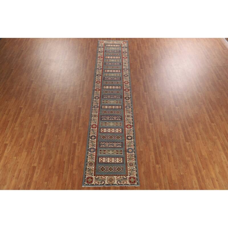 Light Blue Traditional Kazak Runner Rug Hand-Knotted Wool Carpet - 3'1" x 16'5"