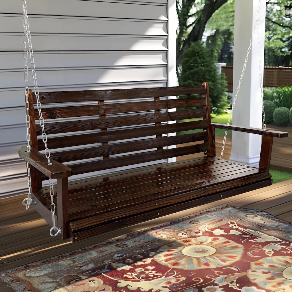 Fortune Candy Wooden Porch Swing with Hanging Chains and 7mm Springs for Outdoor Patio Garden Yard