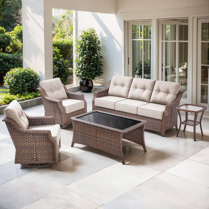 Artisan Patio Brown Wicker Sofa Conversation Set with 6-Inch Thick Cushions - Beige - 5-Piece
