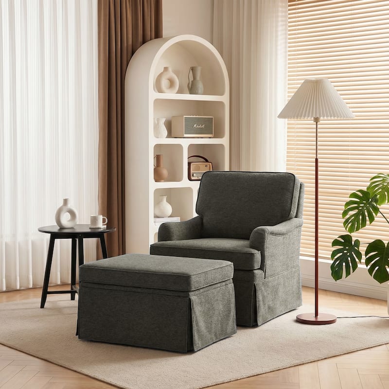 Skirted Swivel Accent Nailhead Barrel Chair With Storage Ottoman Set - Tan