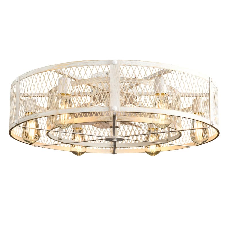 20-26Inch Caged Ceiling Fan with Light and Remote: APP Control Quiet DC Motor (E26 Bulbs Included) - White - 26in