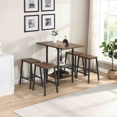 Dinner Table Set with Glass and Wine Holder with 4 Stools for Kitchen
