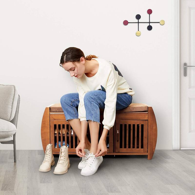 Bamboo Shoe Storage Bench with Storage Space and Padded Seat Cushion, for Entryway, Living Room, Bedroom, Brown