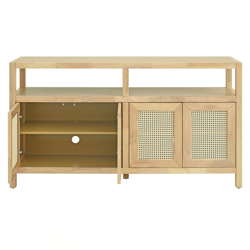 Rattan Buffet Storage Cabinet with Solid Wood Frame, Sideboard with 3-position Adjustable Shelves for Living & Dining Rooms