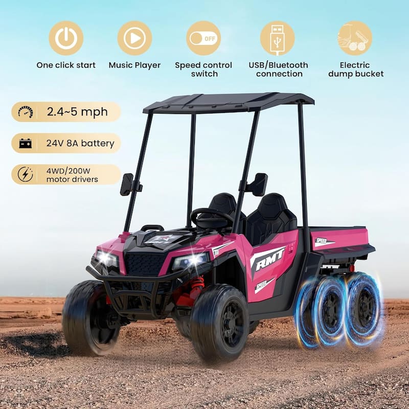 EROMMY 24V 2-Seater Ride-On Dump Truck with Remote Control, 4WD, Music & Auto Dump Bed.