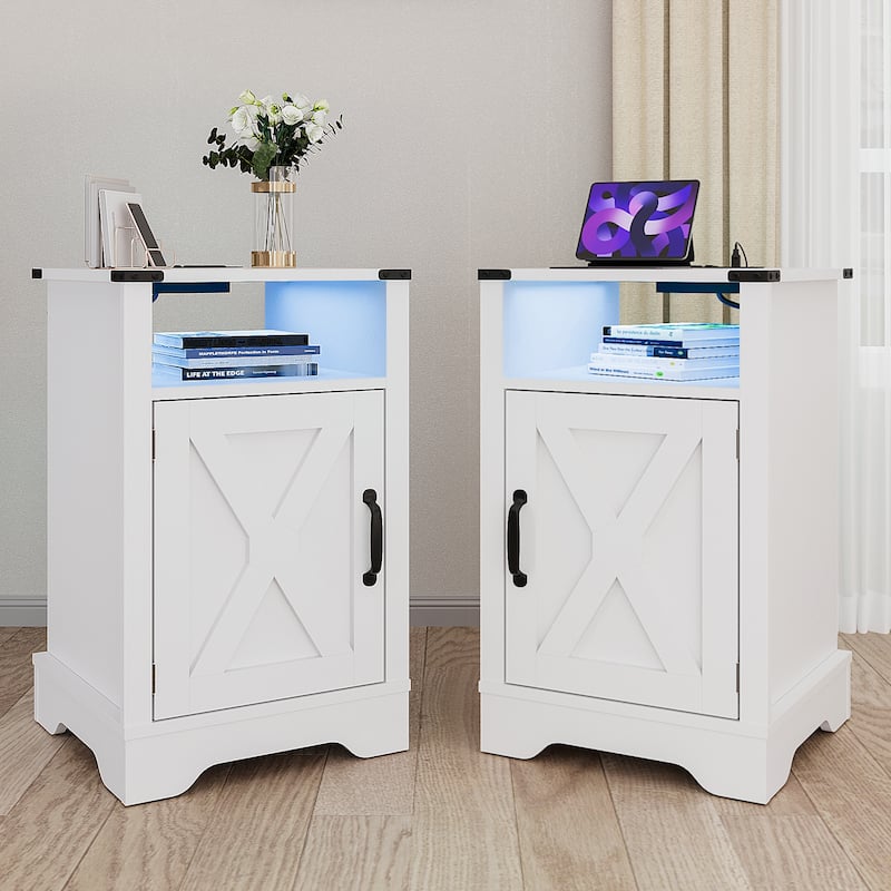 Farmhouse Nightstand Set of 2 With LED Lights and Charging Station