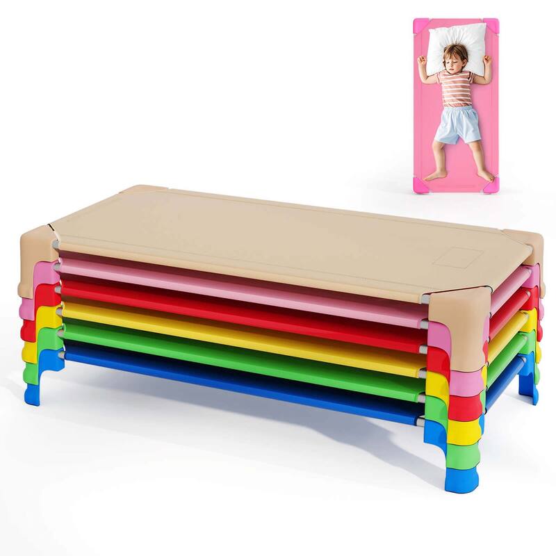 6PCS Stackable Daycare Cots for Kids Portable Nap Cots Easy Lift Bed - Colorful