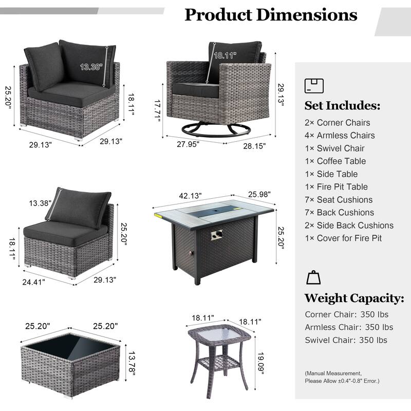 HOOOWOOO 10-piece Wicker Patio Furniture Sectional Sofa Set Swivel Rocker with Fire Pit Table