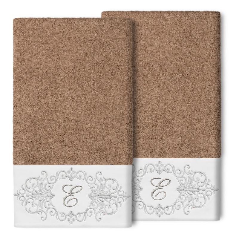 Authentic Hotel and Spa 100% Turkish Cotton Monica 2PC Embellished Bath Towel Set - E - Latte