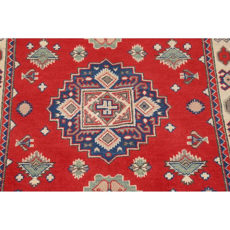 Red Kazak Accent Rug Handmade Geometric Wool Carpet - 3'2" x 4'11"