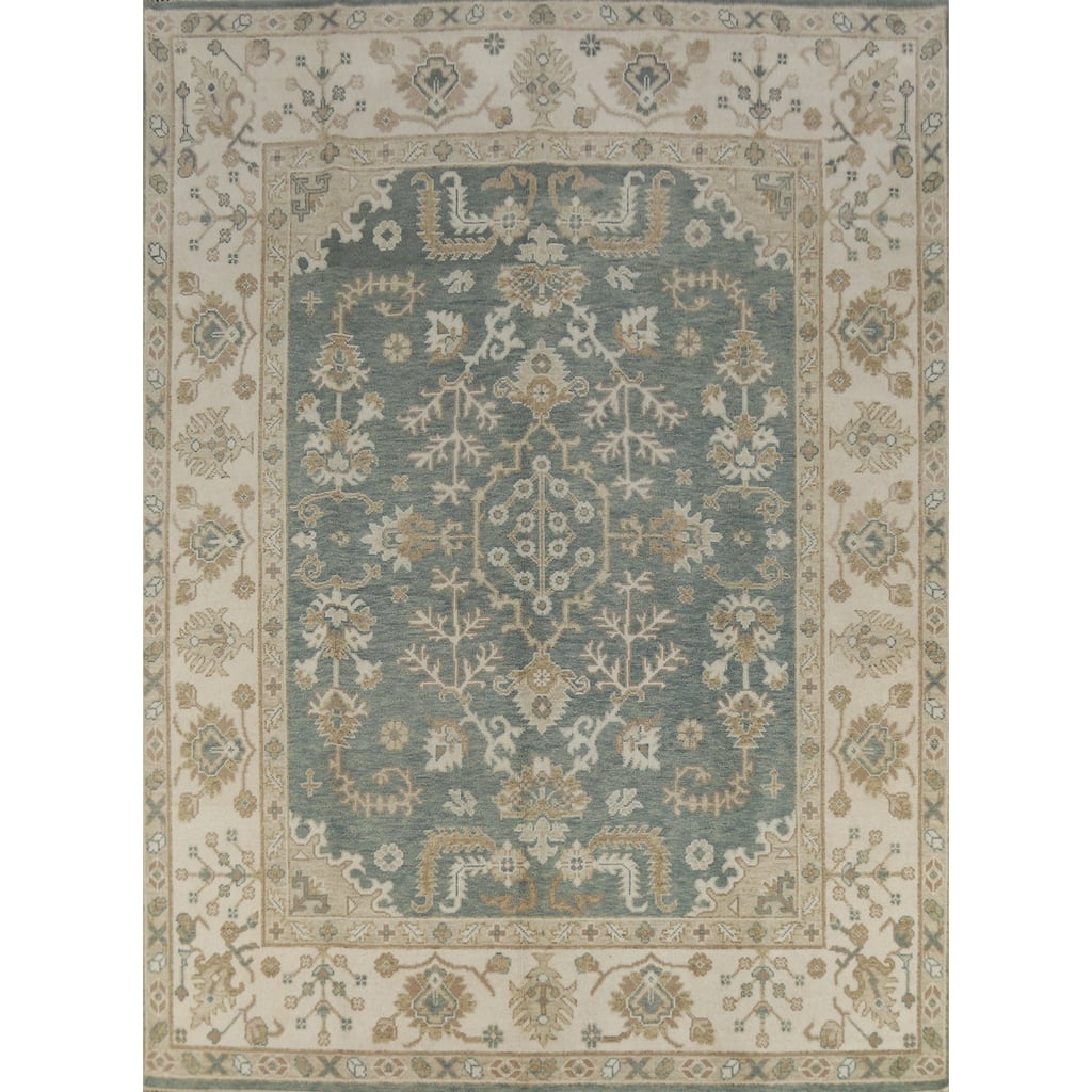 Floral Oushak Indian Area Rug Hand-Knotted Blue Wool Carpet - 8'2" x 10'0"