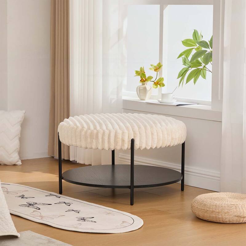Round Coffee Table with Wooden Open Storage Shelf - Beige+Black