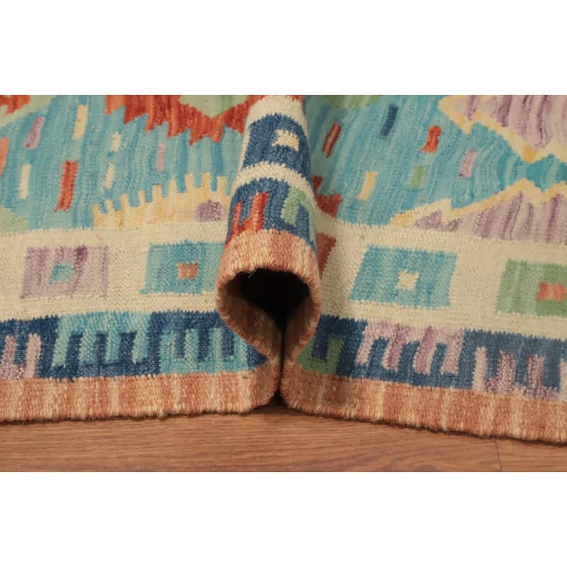 Hand Woven Oriental 100% Wool Carpet Southwestern Tribal Navy Blue & Blues Kilim Runner Rug - 10' 10'' X 2' 4''