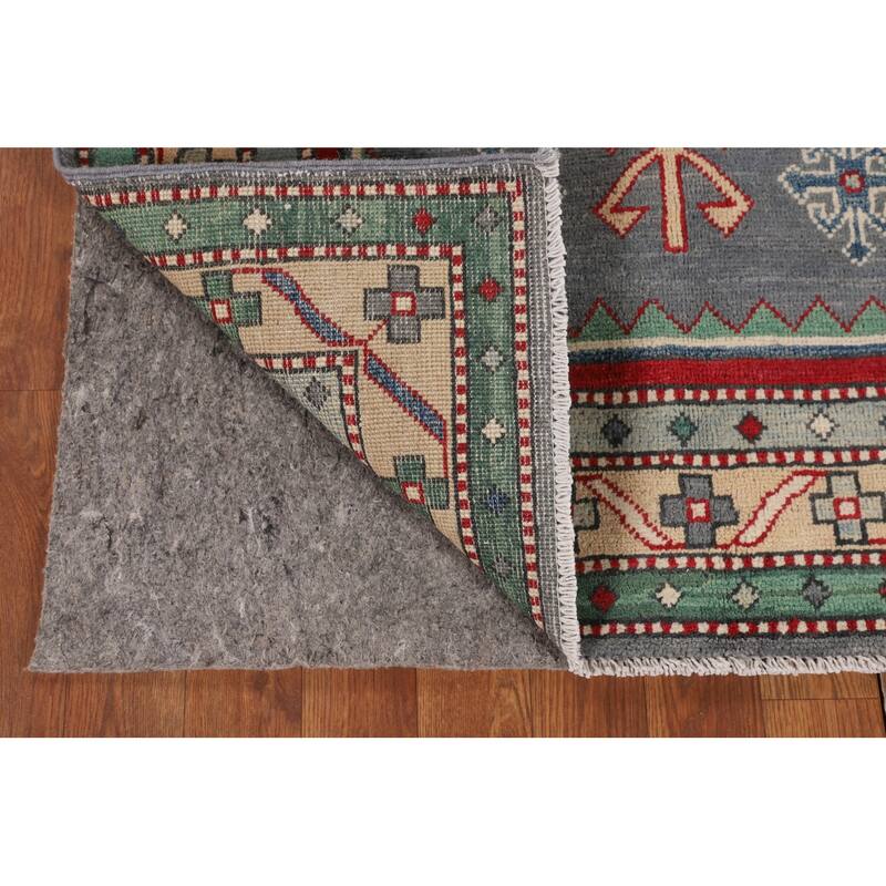 Gray Geometric Kazak Foyer Rug Hand-Knotted Traditional Wool Carpet - 3'4" x 4'9"