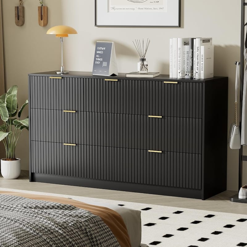 7 Drawer Dresser Fluted Wood Clothes Storage Cabinet, Modern Wide Dresser for Bedroom