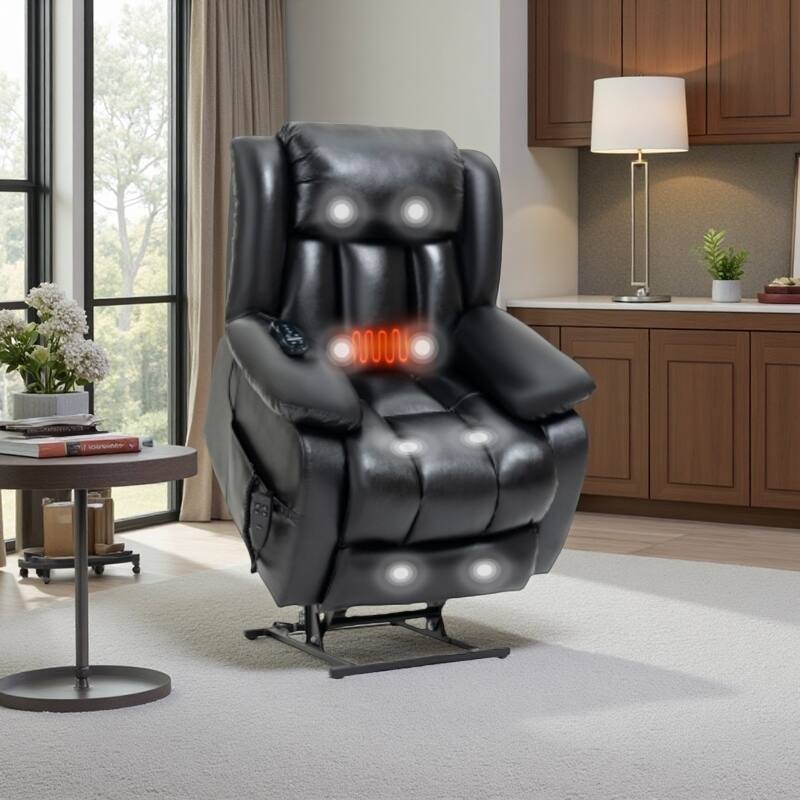 Dual Motor Electric Lift Recliner with 8-Point Massage, Lumbar Heat, and Genuine Leather Upholstery - Black