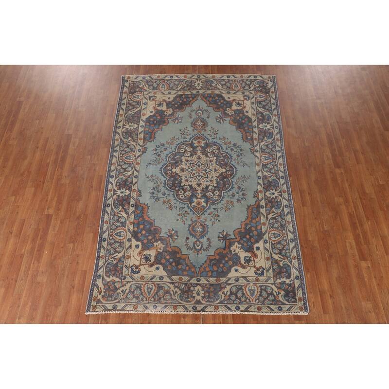 Over-Dyed Blue Tabriz Persian Vintage Rug Hand-Knotted Wool Carpet - 6'2"x 9'5"