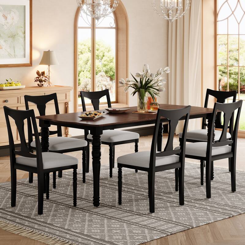 7-Piece Dining Table Set,Extendable Wood Dining Table with Removable Leaf, with 6 Upholstered Side Chair,Set of 6 - Black+Brown