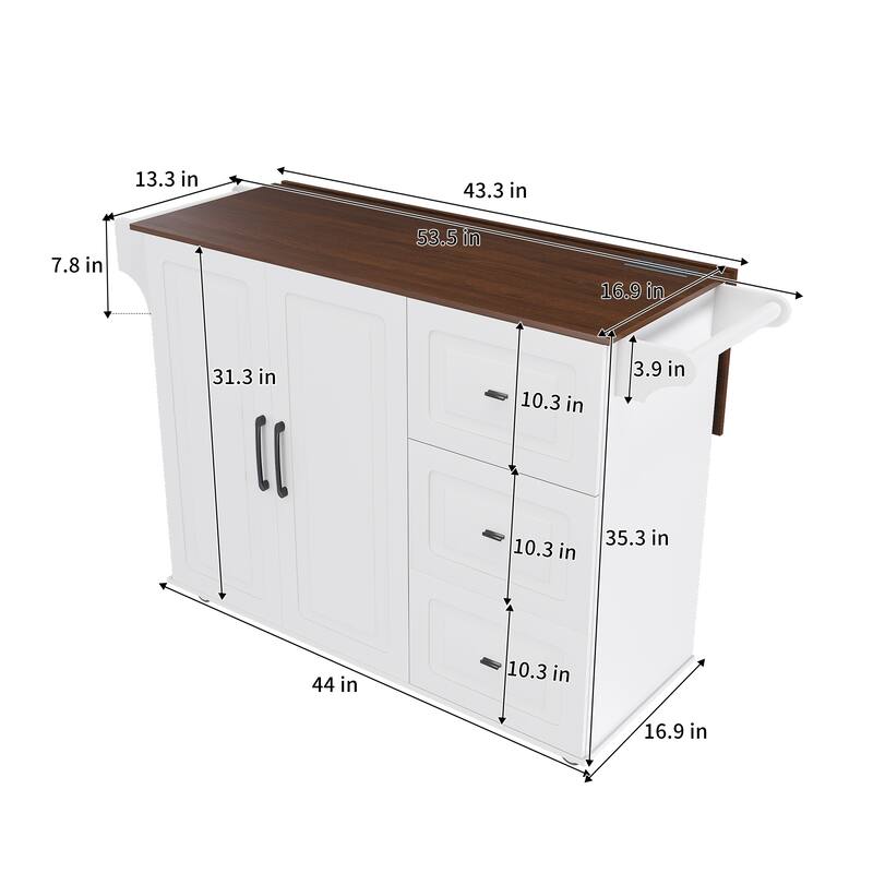 Kitchen Island Cart on Locking Wheels, Drop-Leaf Wood Breakfast Bar, Rolling Cart with Adjustable Shelves & 3 Drawers