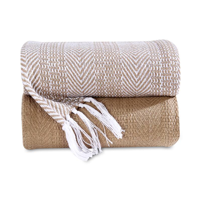 100% Cotton Hand Woven Throw Blankets '50x60'' Set of 2 Herringbone Light Weight All Season - Beige