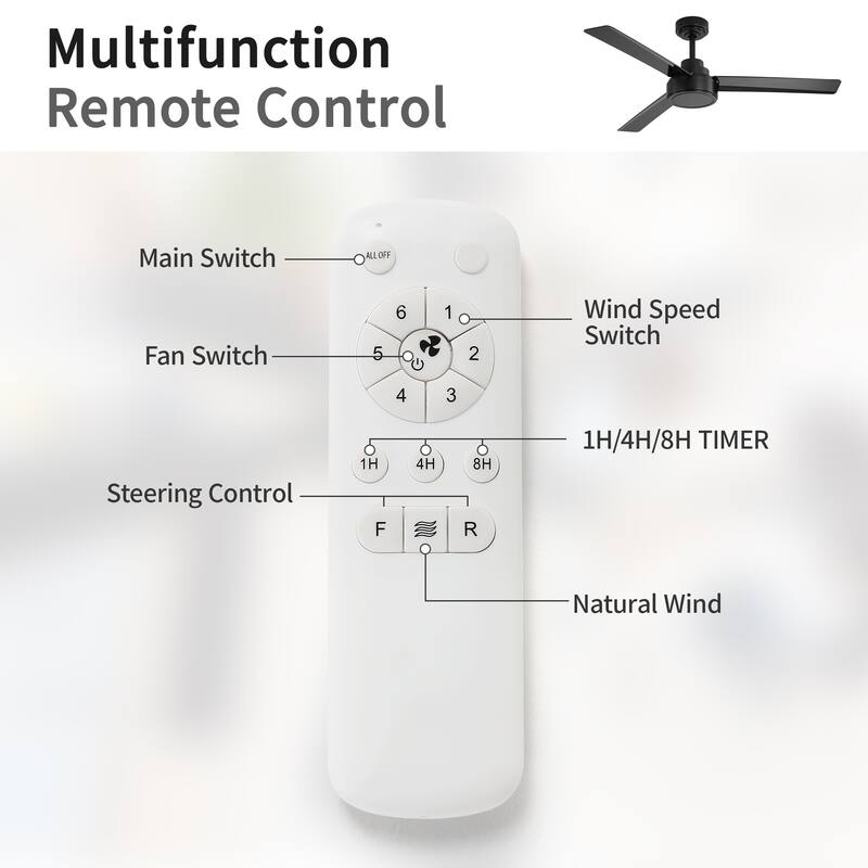52" Outdoor Ceiling Fan Without Light, 3 ABS Blades Farmhouse Ceiling Fan with Remote Control 6-speed Reversible DC Motor Black