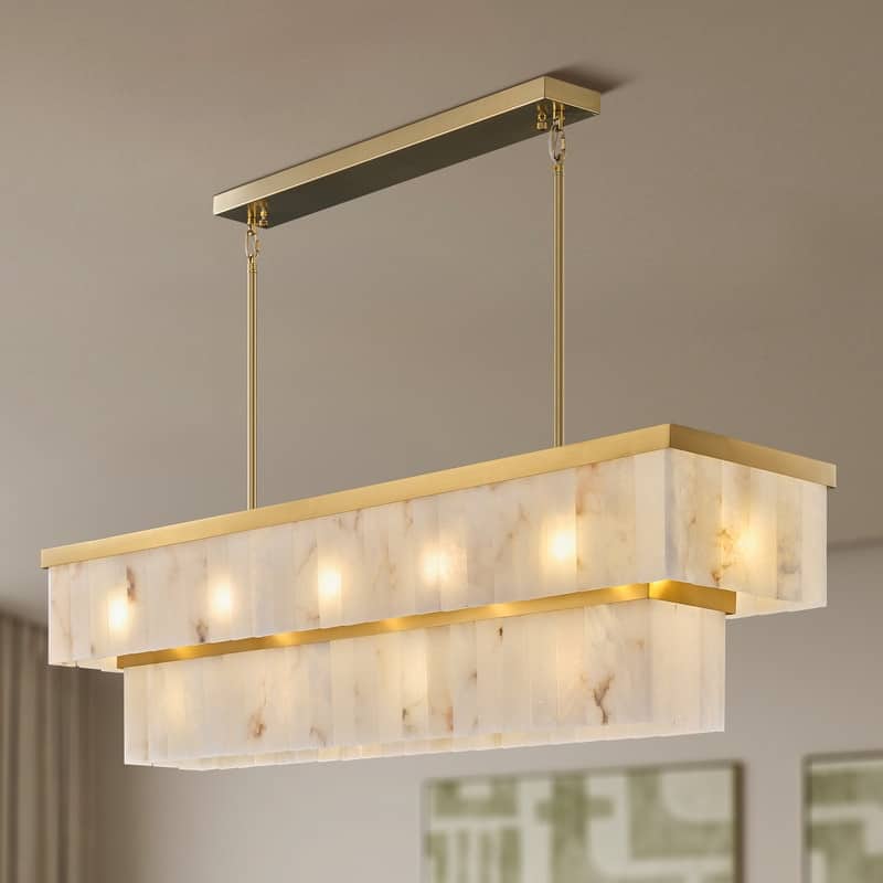 Elegant layered alabaster chandelier with natural stone panels - 54in - Glod