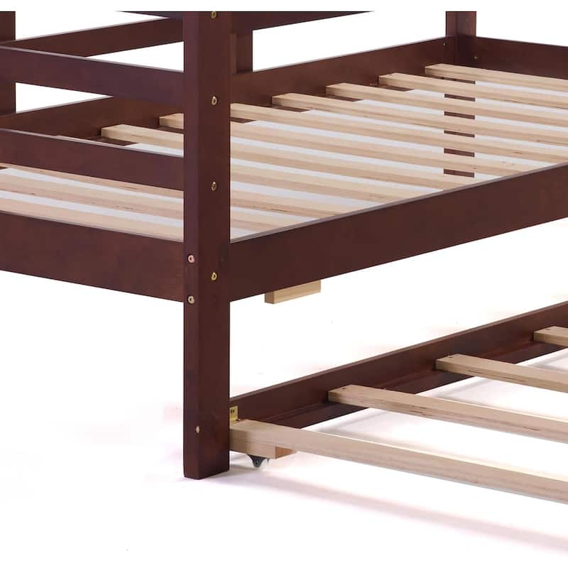 Twin Daybed with Trundle & Guardrails - Brown Pine Wood Bed Frame, 350lbs Capacity, Space-Saving for Guest/Kids Room