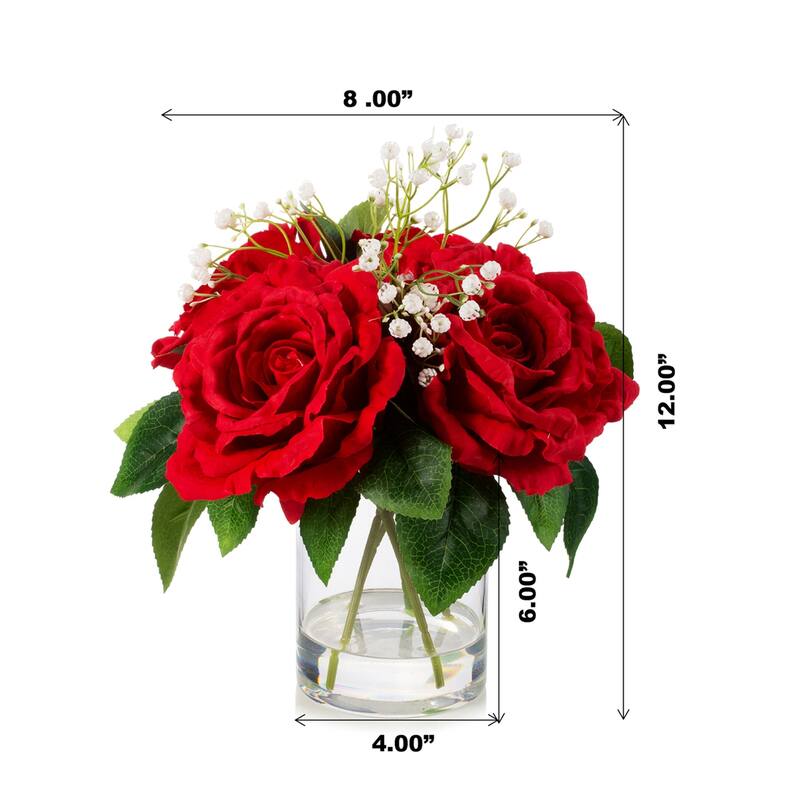 Enova Home 4 Large Silk Rose Flowers in Clear Glass Vase with Faux Water for Home Office Decoration