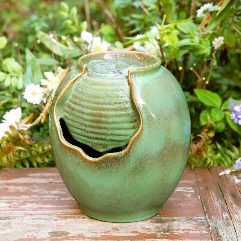 Glitzhome Leaf Textured Ceramic Jar Indoor Tabletop Water Fountain with LED Lights