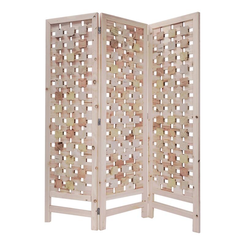 3 Panel Wooden Screen with Interspersed Square Pattern, Cream