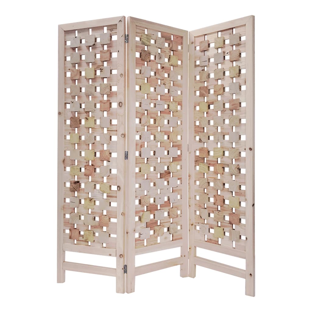 3 Panel Wooden Screen with Interspersed Square Pattern, Cream