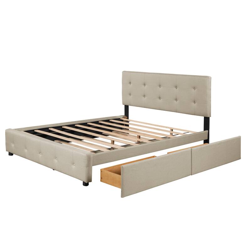 Queen Size Upholstered Platform Bed with 2 Drawers & Twin XL Trundle