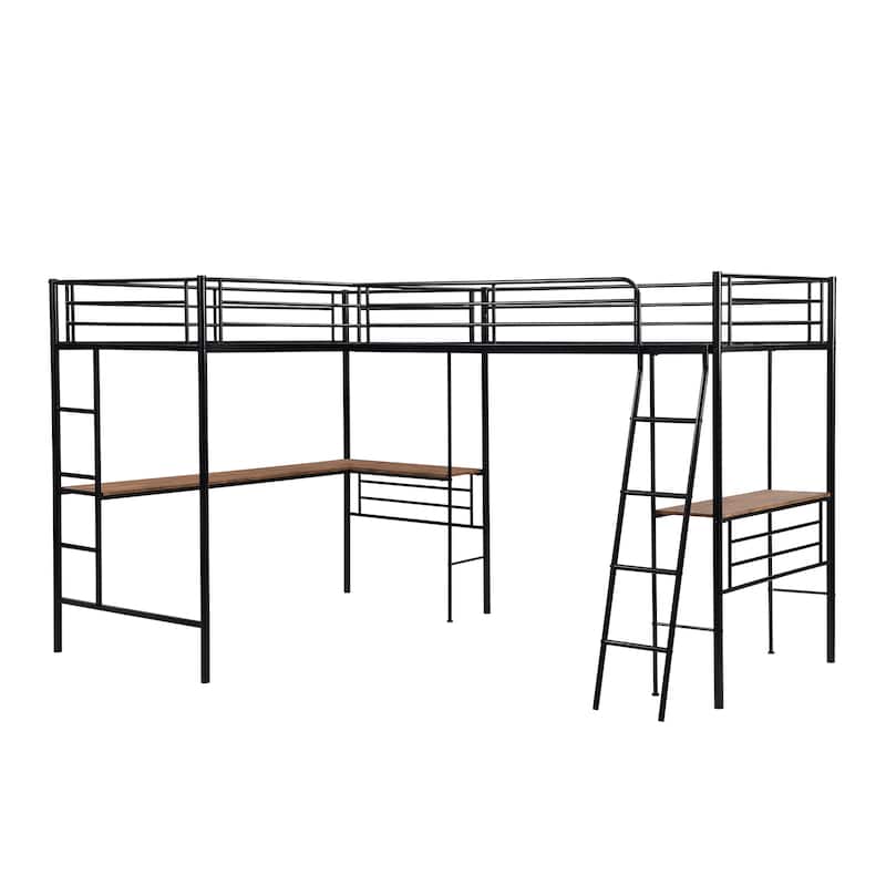 Double Twin Metal L-Shaped Loft Bed with Desks and Guardrails