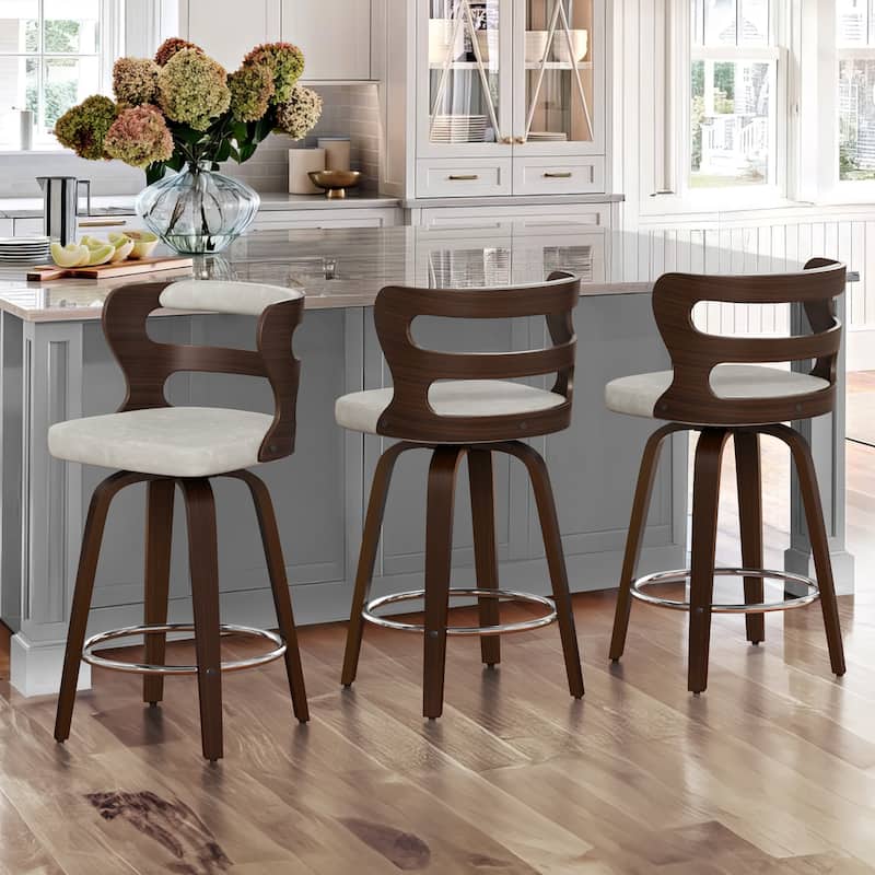 LUE BONA 26"H Modern Walnut Swivel Counter Height Stools, Bar Stools with Backs Set of 3 - 26" H - Beige Grey/Walnut
