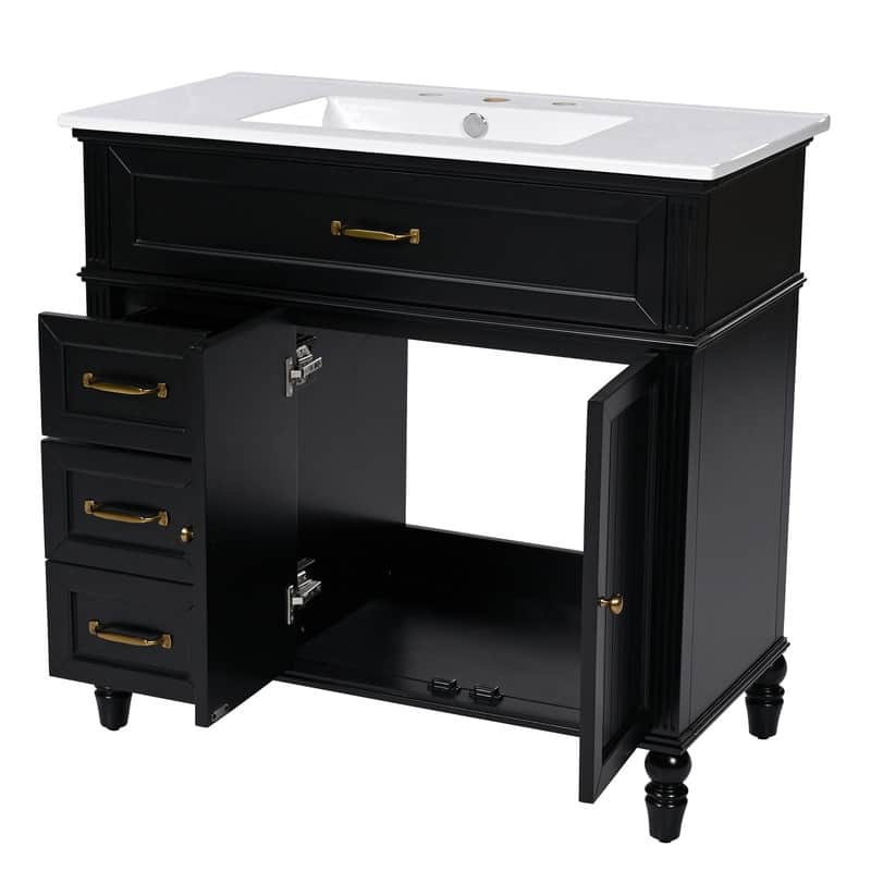 36" Bathroom Vanity with Ceramic Sink Top, Freestanding Bathroom Vanity Cabinet with 2 Doors and 2 Storage Drawers