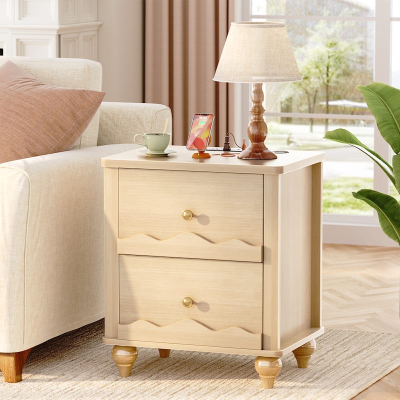 Modern Nightstand with Charging Station, Side End Table with 2 Drawers