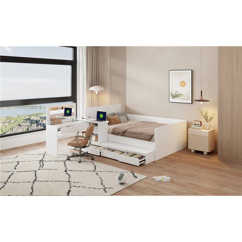 Roomfitters Full Platform Bed Frame with Integrated Vanity Desk, Underbed Storage Bins and Workstation, White