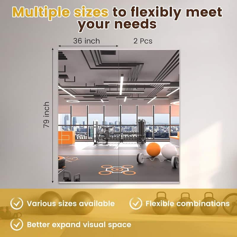 Full Length Tempered Glass Mirror - Rectangular Wall Mirror for Yoga, Gym & Dance Studio(Set of 2/3)
