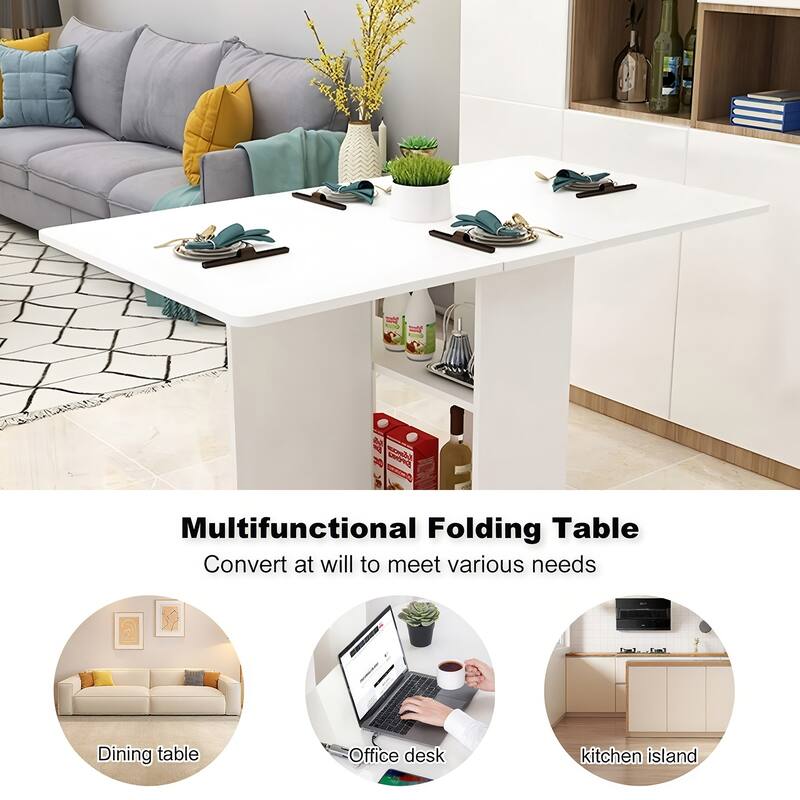 Space-Saving Drop-Leaf Table‌ – 47.2"L x 23.6"W x 30.3"H, White Finish With 6 Wheels & 2-Tier Storage Shelf (Foldable Design)